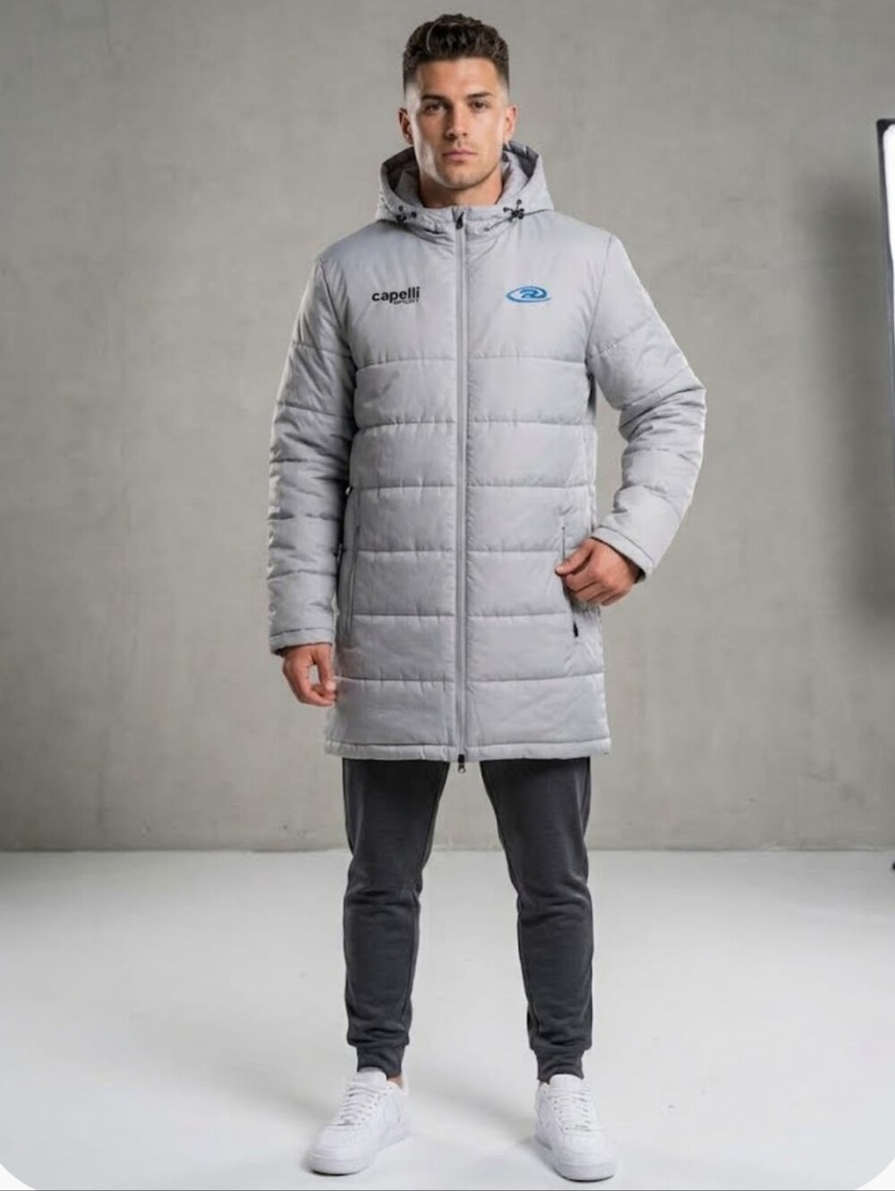 Capelli Sport Rush Soccer Stadium Bench Coat Puffer Jacket Gray Hooded